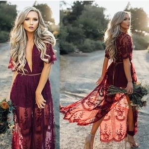 Burgundy red lace maxi romper